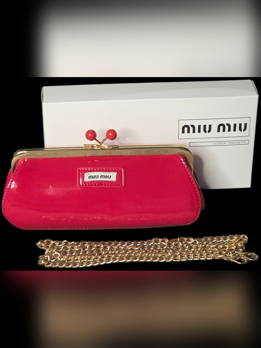 Miu Miu Red Kisslock Clutch/Crossbody/Cosmetic Bag with Gold Chain